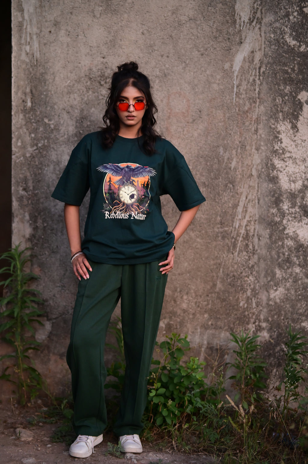 Rebellious Nature Oversized Graphic T-Shirt – Dark Green | French Terry Cotton
