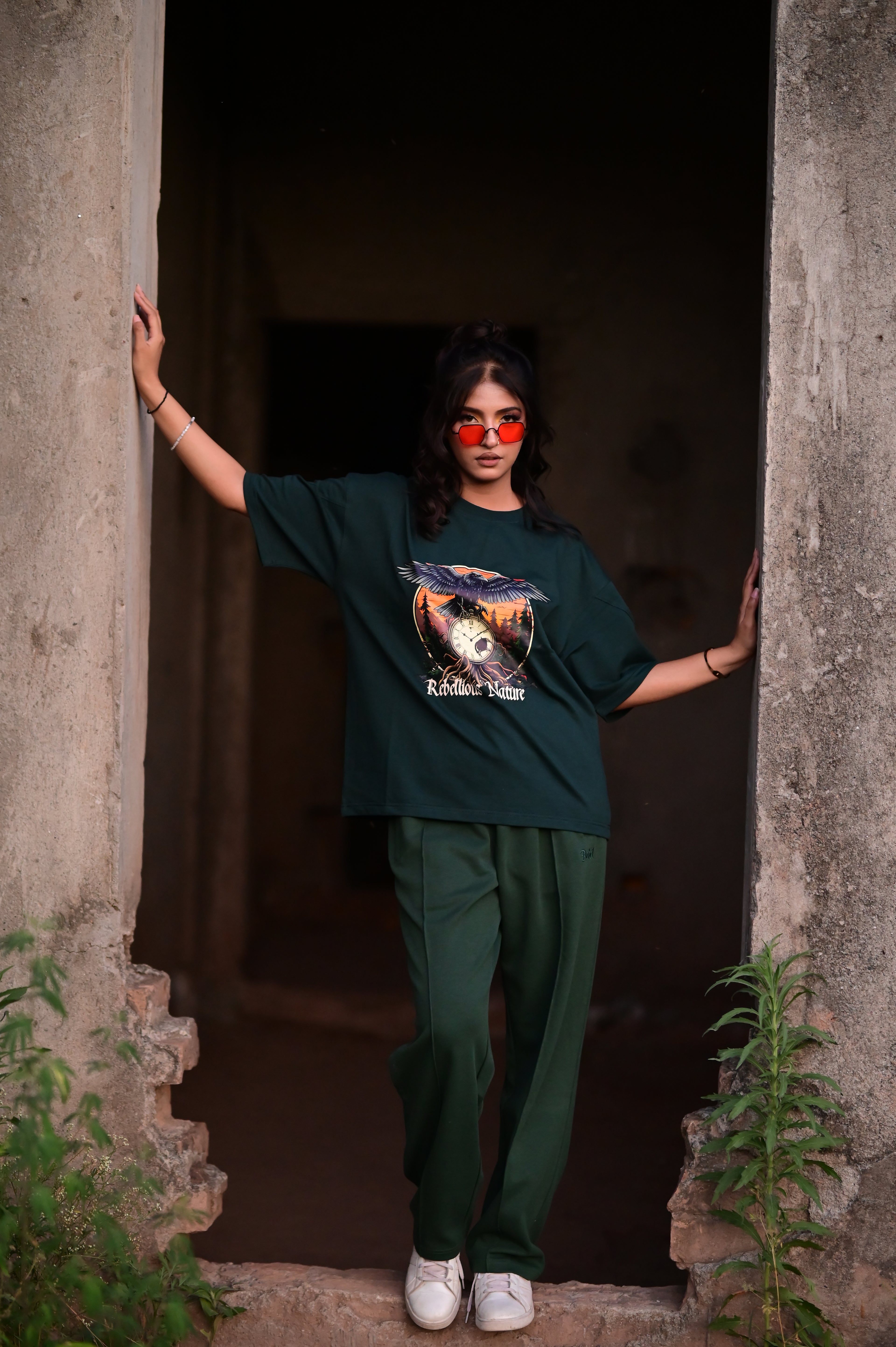 Rebellious Nature Oversized Graphic T-Shirt – Dark Green | French Terry Cotton