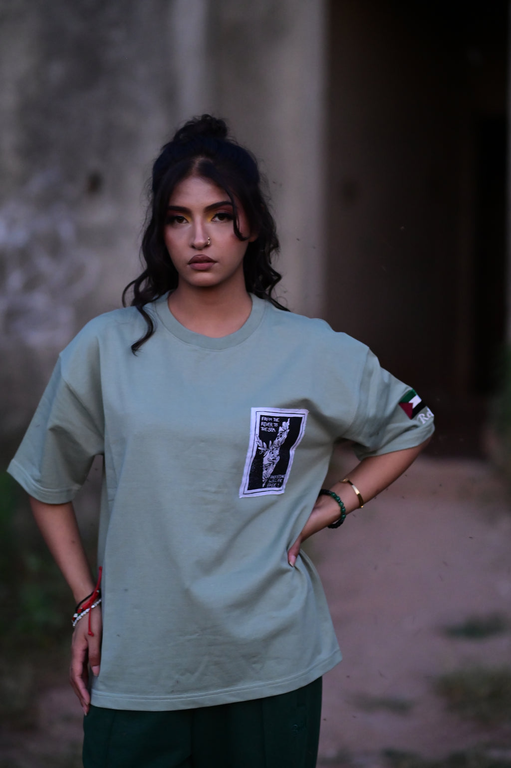 Palestine Solidarity Oversized T-Shirt – Olive Green | French Terry Cotton