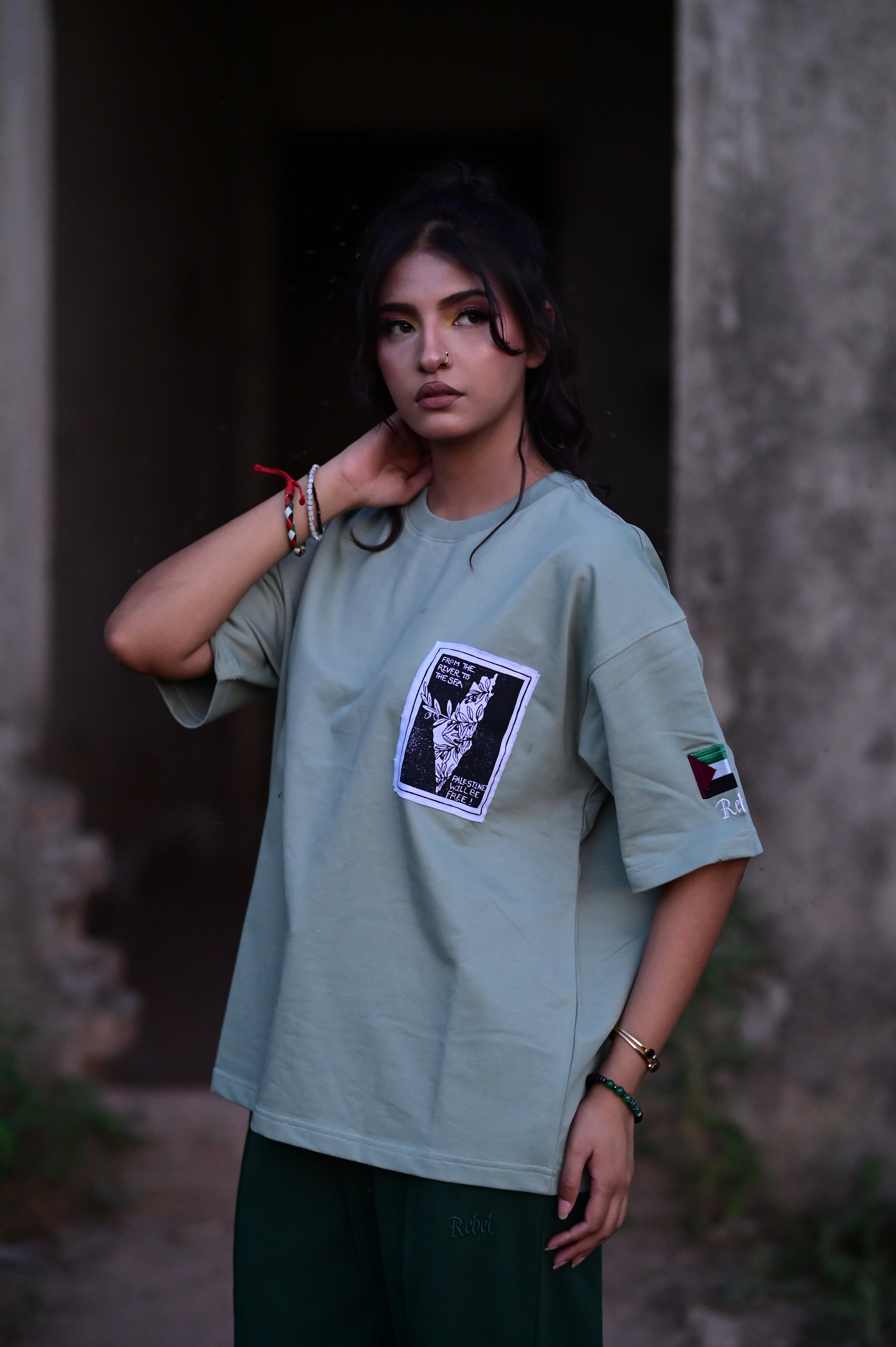 Palestine Solidarity Oversized T-Shirt – Olive Green | French Terry Cotton