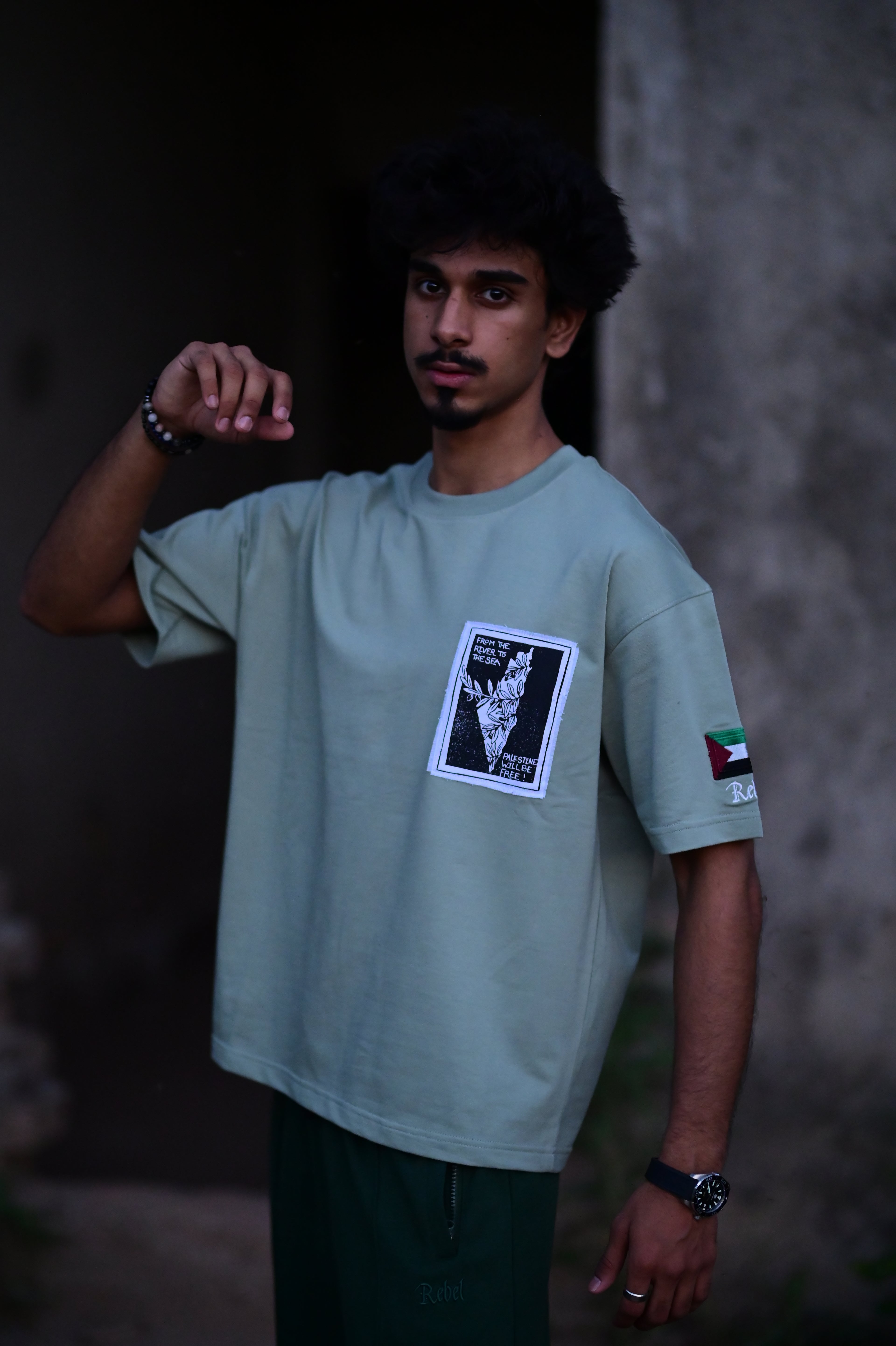 Palestine Solidarity Oversized T-Shirt – Olive Green | French Terry Cotton