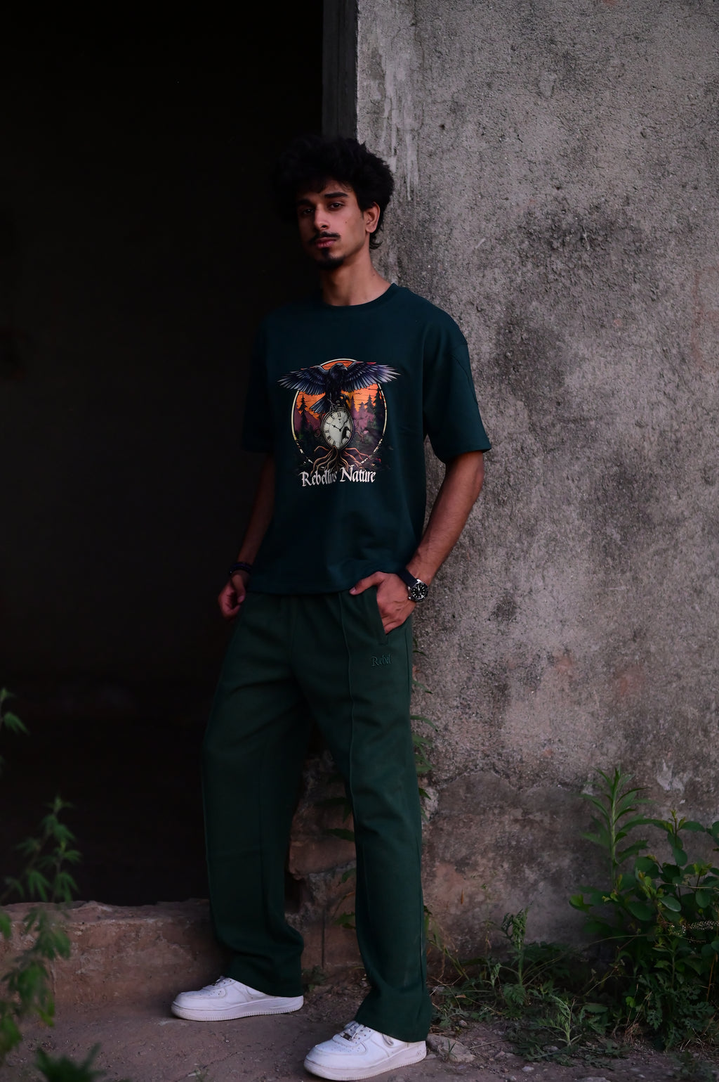 Rebellious Nature Oversized Graphic T-Shirt – Dark Green | French Terry Cotton