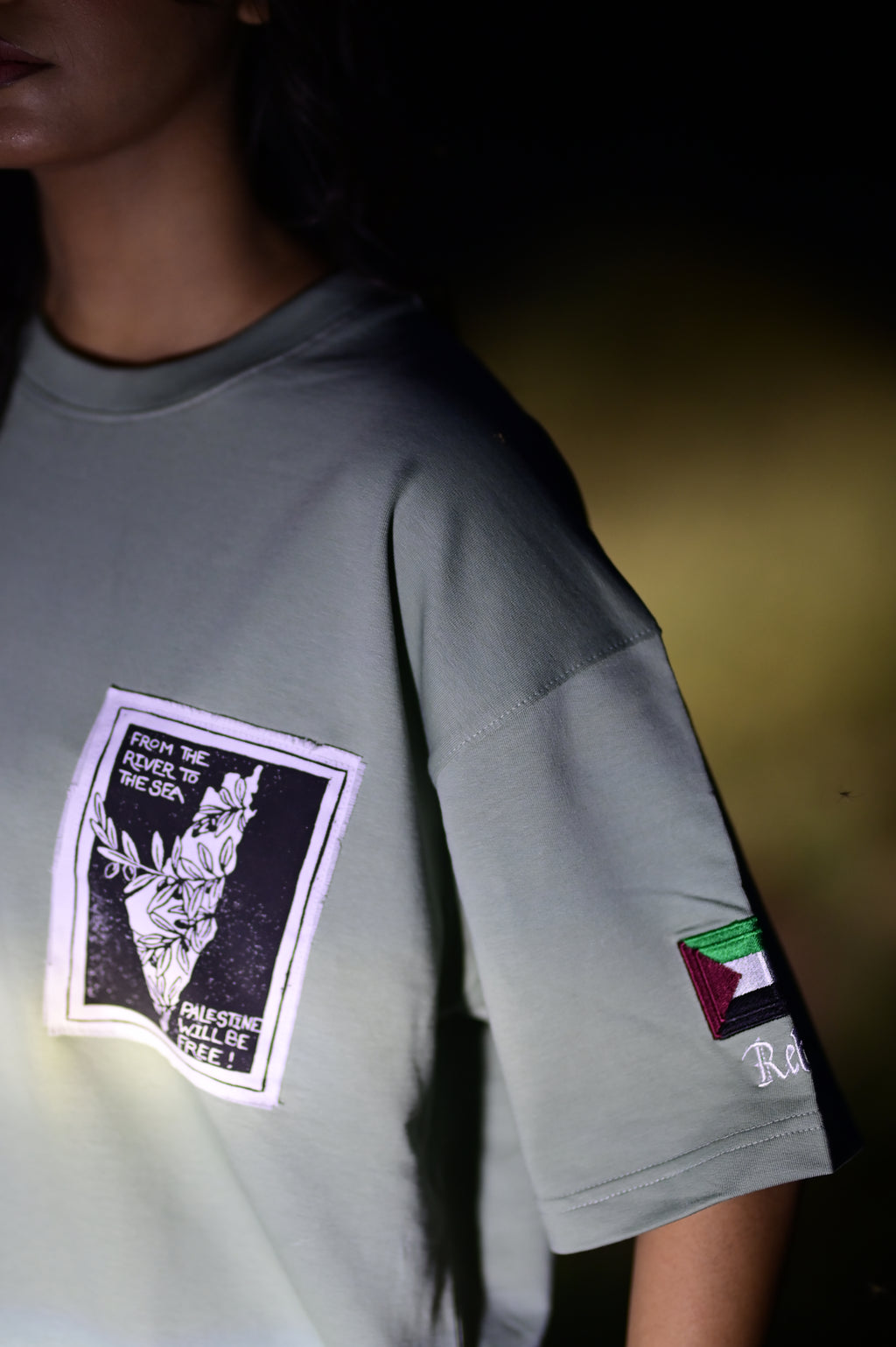 Palestine Solidarity Oversized T-Shirt – Olive Green | French Terry Cotton
