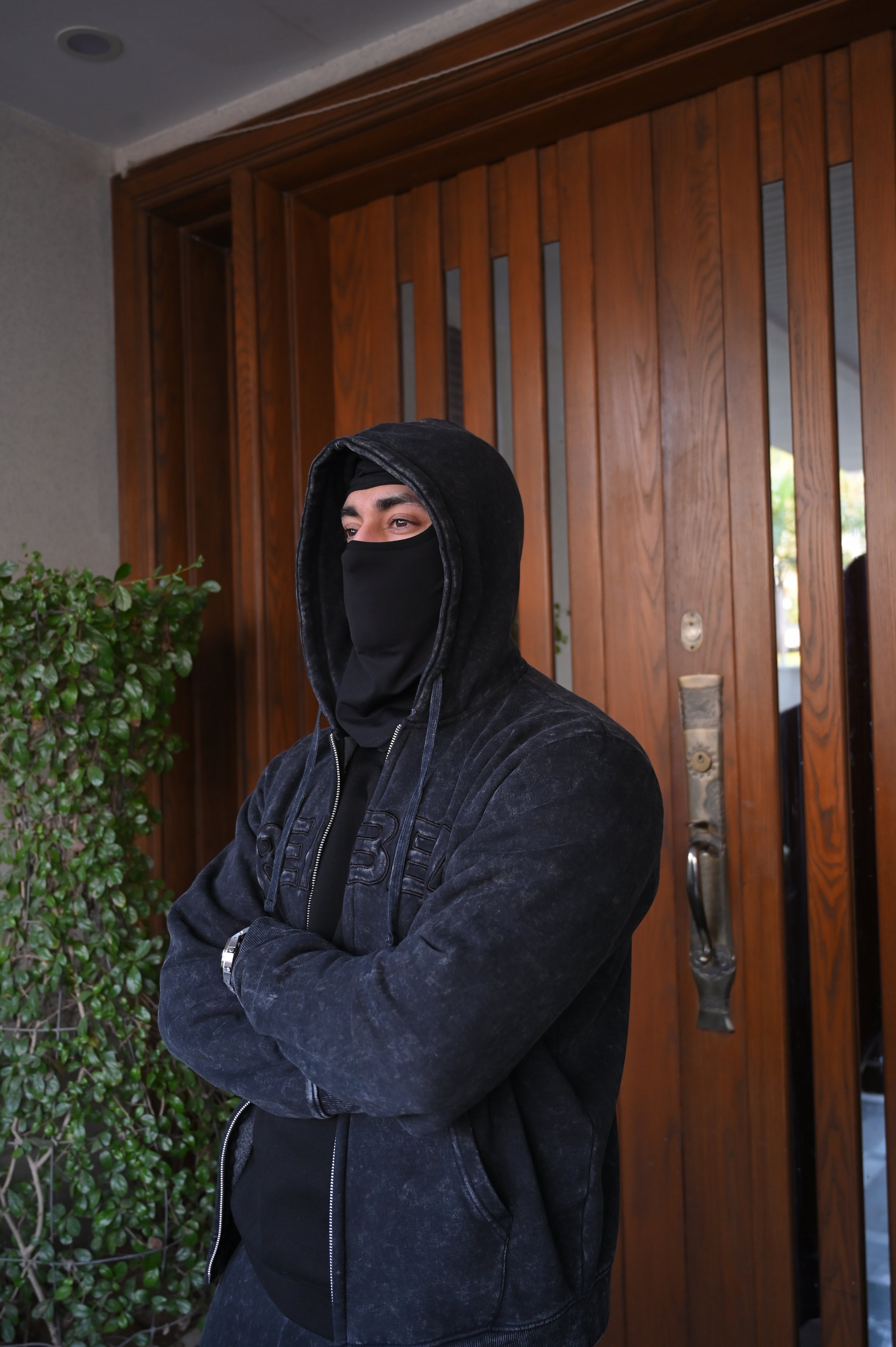 Person wearing a hoodie and a ski mask with a plant in the background