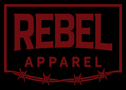 Red 'REBEL APPAREL' logo with barbed wire design on a black background