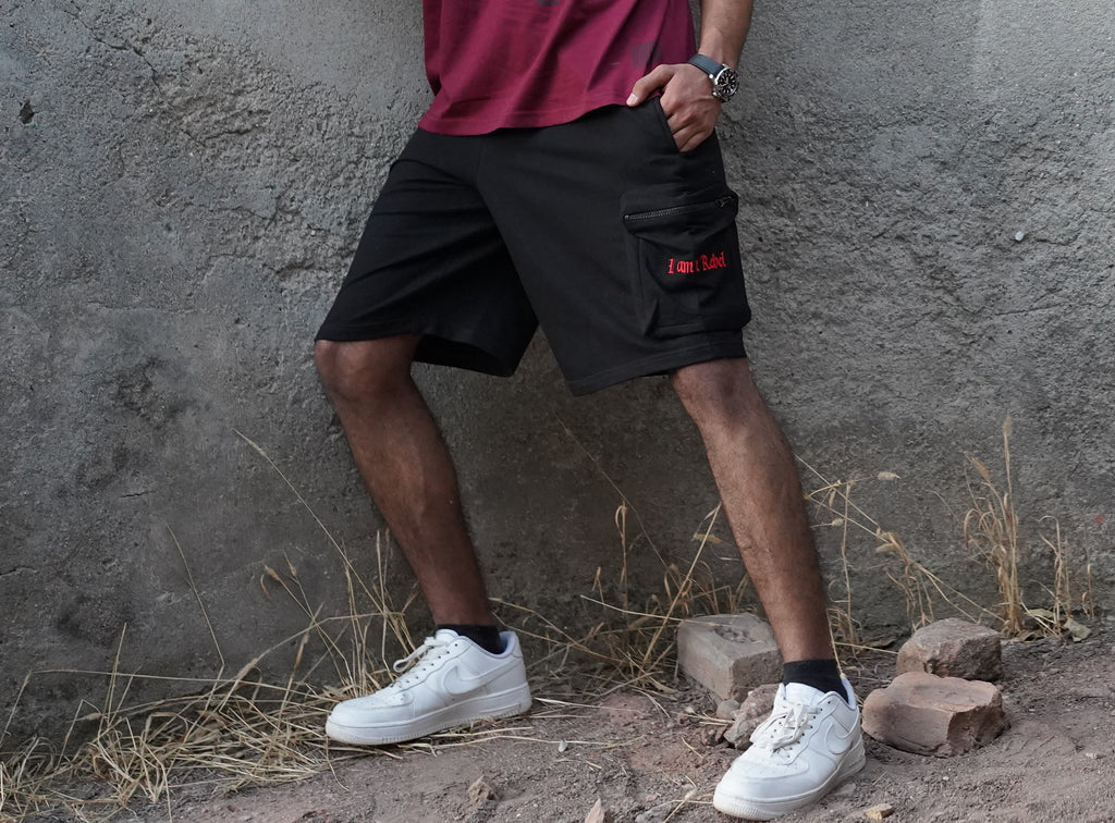 I Am A Rebel Cargo Shorts – Black | French Terry Cotton